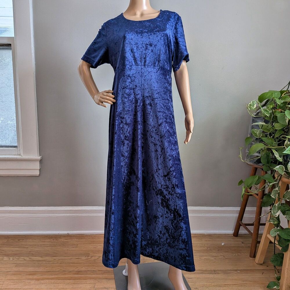 Vintage 90s Teddi Blue Crushed Velvet Maxi Dress Boho Size Large
